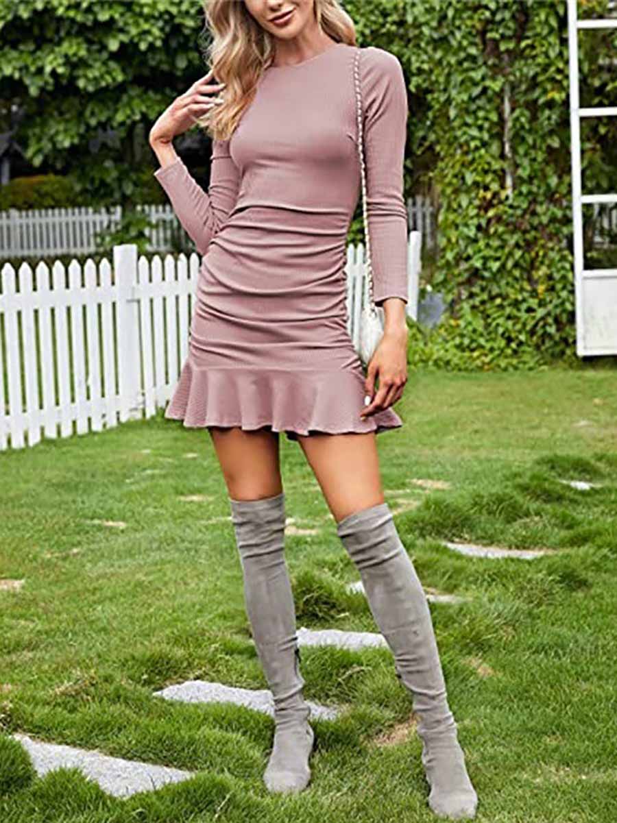 Sexy Pleated Tight Knit Long Sleeve Dress(8 colors)