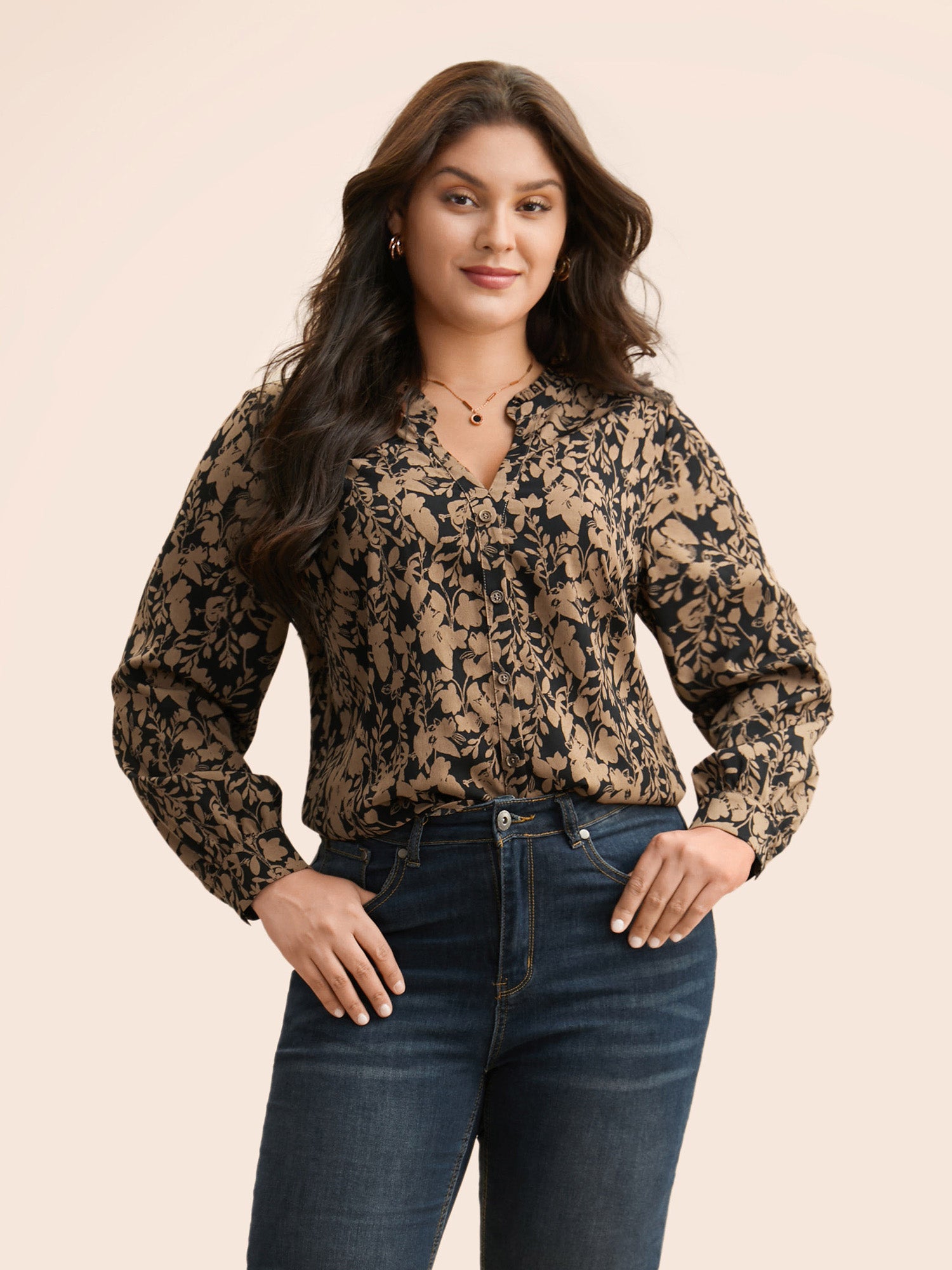 Silhouette Floral Print Notched Frill Trim Blouse