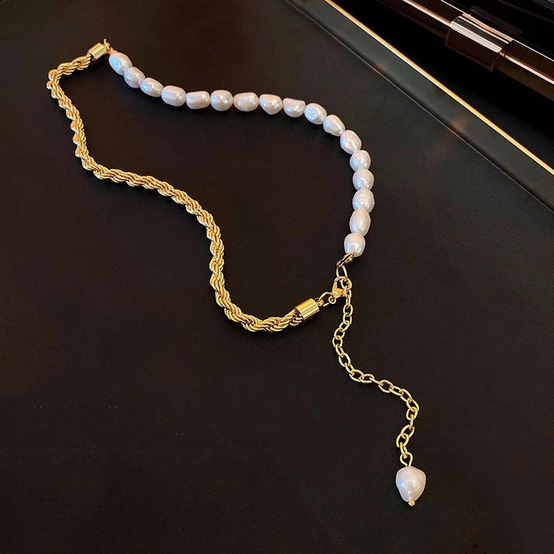 Rope Chain Pearl Contrast Bracelet and Necklace