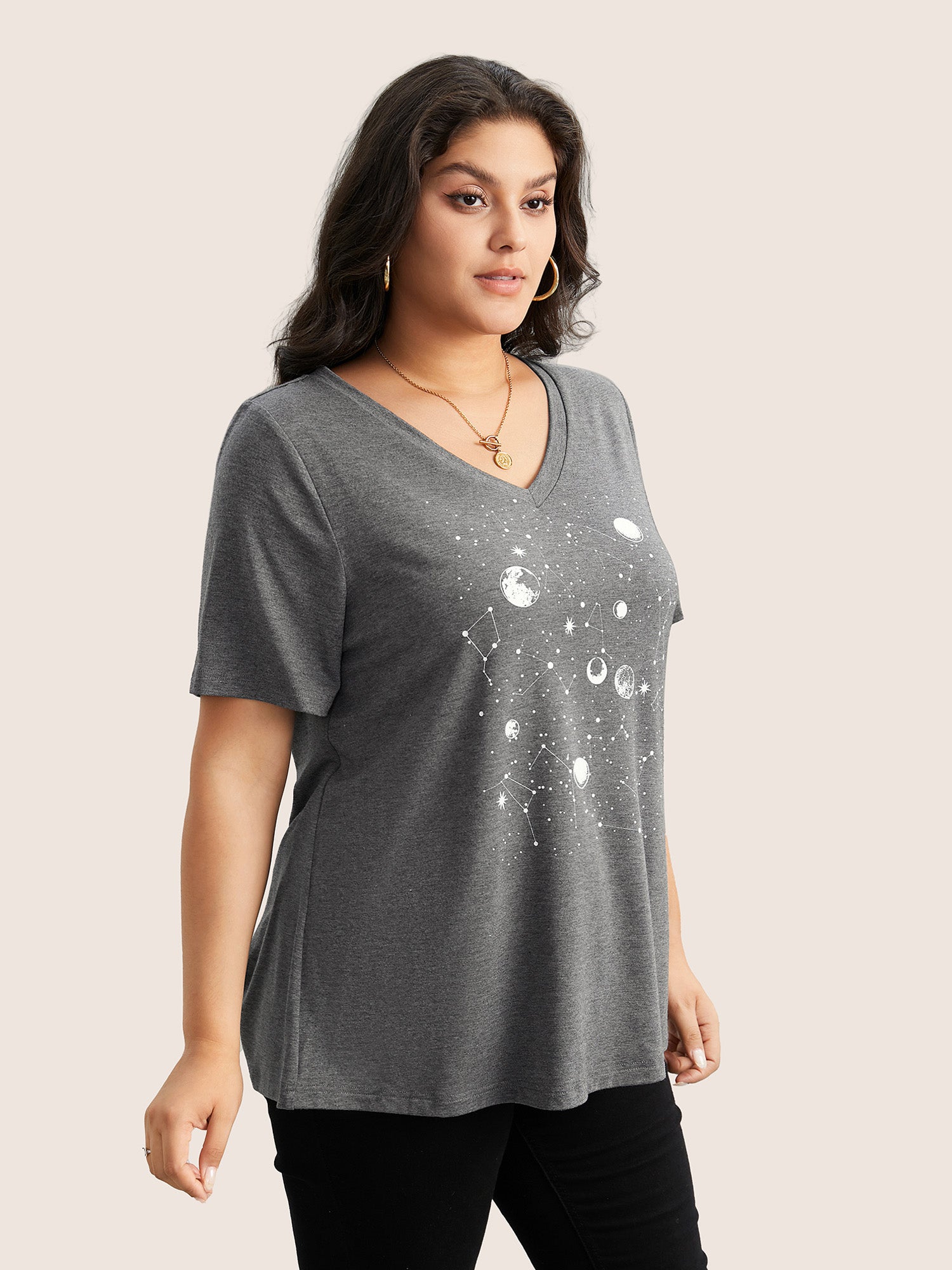 Moon and Star Print V Neck T-shirt