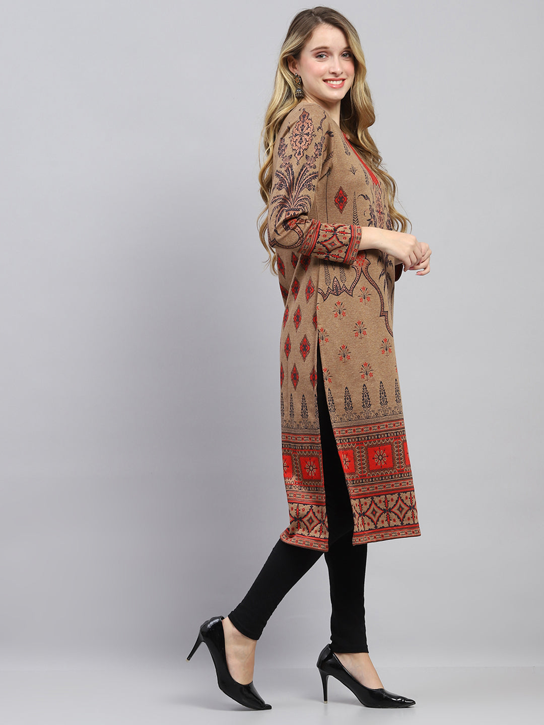 Women Brown Woven Design Round Neck Full Sleeve Winter Kurti