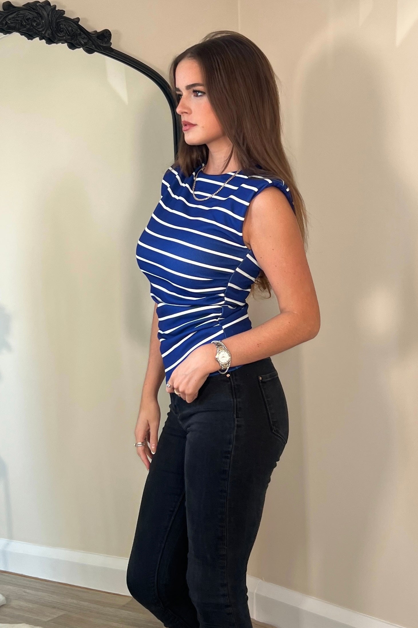 Pari Stripe Ruched Shoulder Pad Top Cobalt