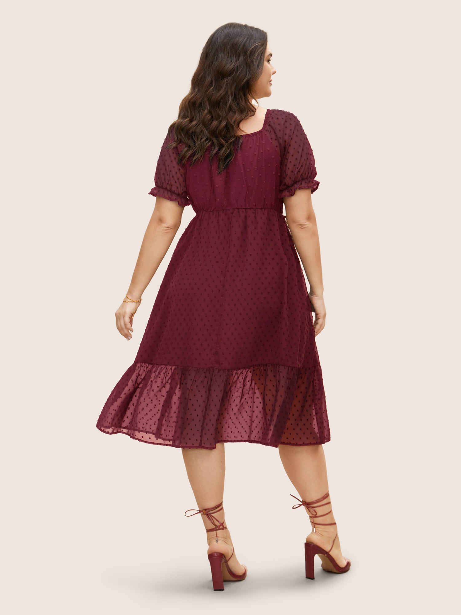 Polka Dot Textured Mesh Shirred Drawstring Dress