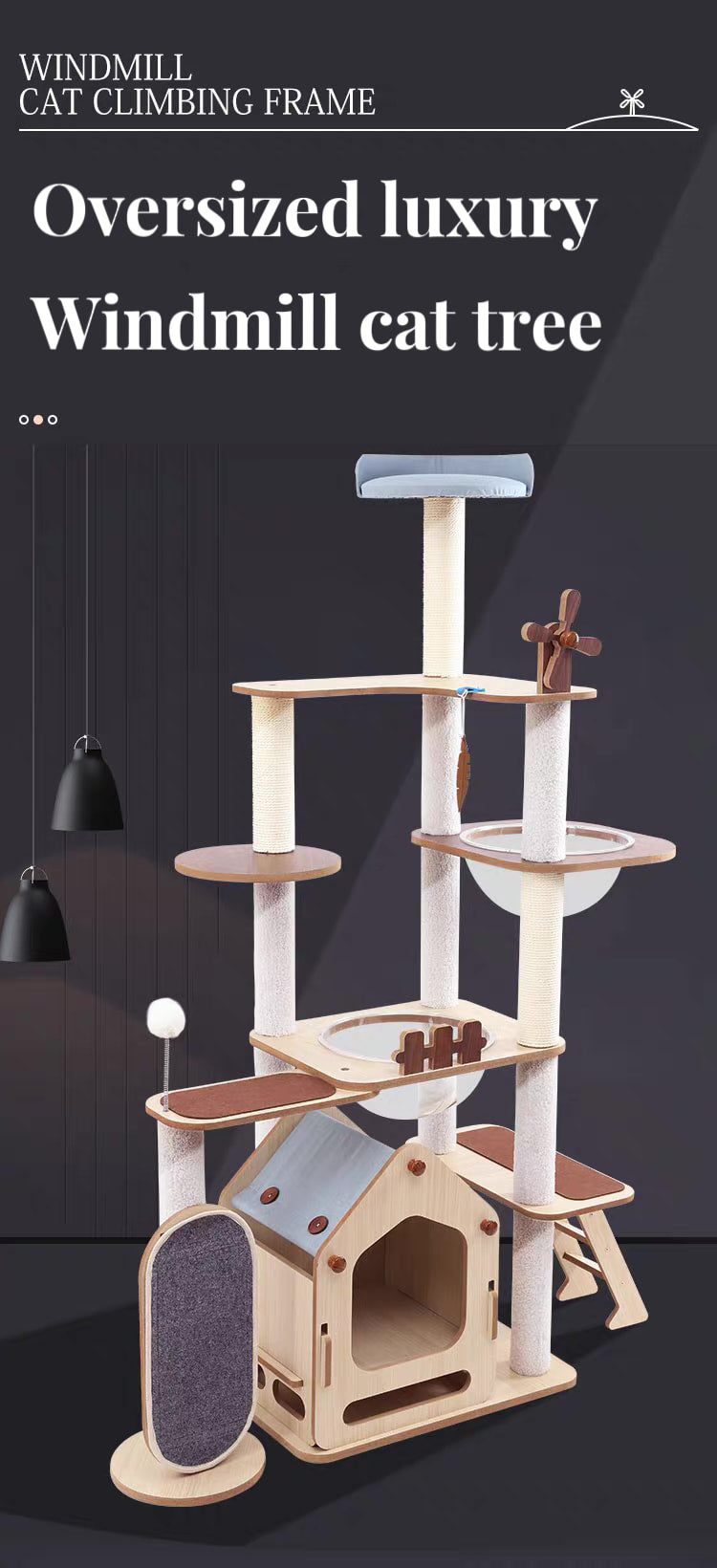 167cm Windmill Cat Tree | Comprehensive Space Capsule Wood Cat Towers