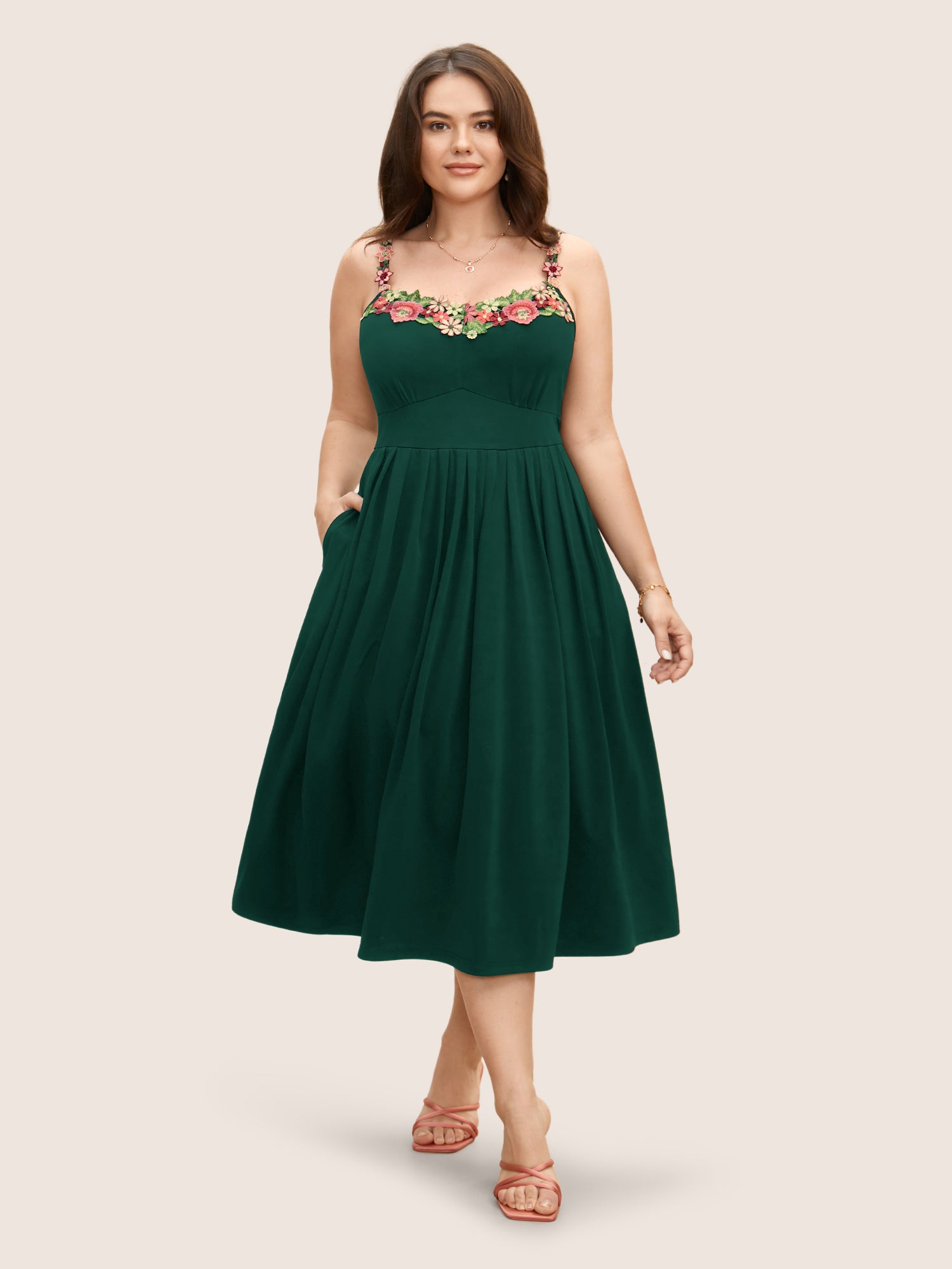 Floral Embroidered Pocket Midi Cami Dress