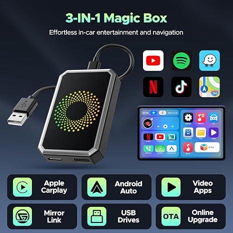 Wired to Wireless Carplay Adapter with Built-in Netflix/YouTube/TikTok APP to Play Video on a Car Screen (DO Not Support Vehicles with Built-in Wireless CarPlay), For iPhone 8-15 & Android 11+