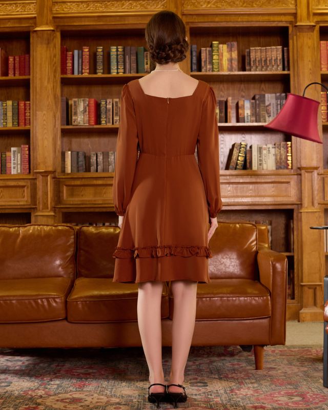 Square Neck Dress Long Sleeve Above Knee A-Line Dress