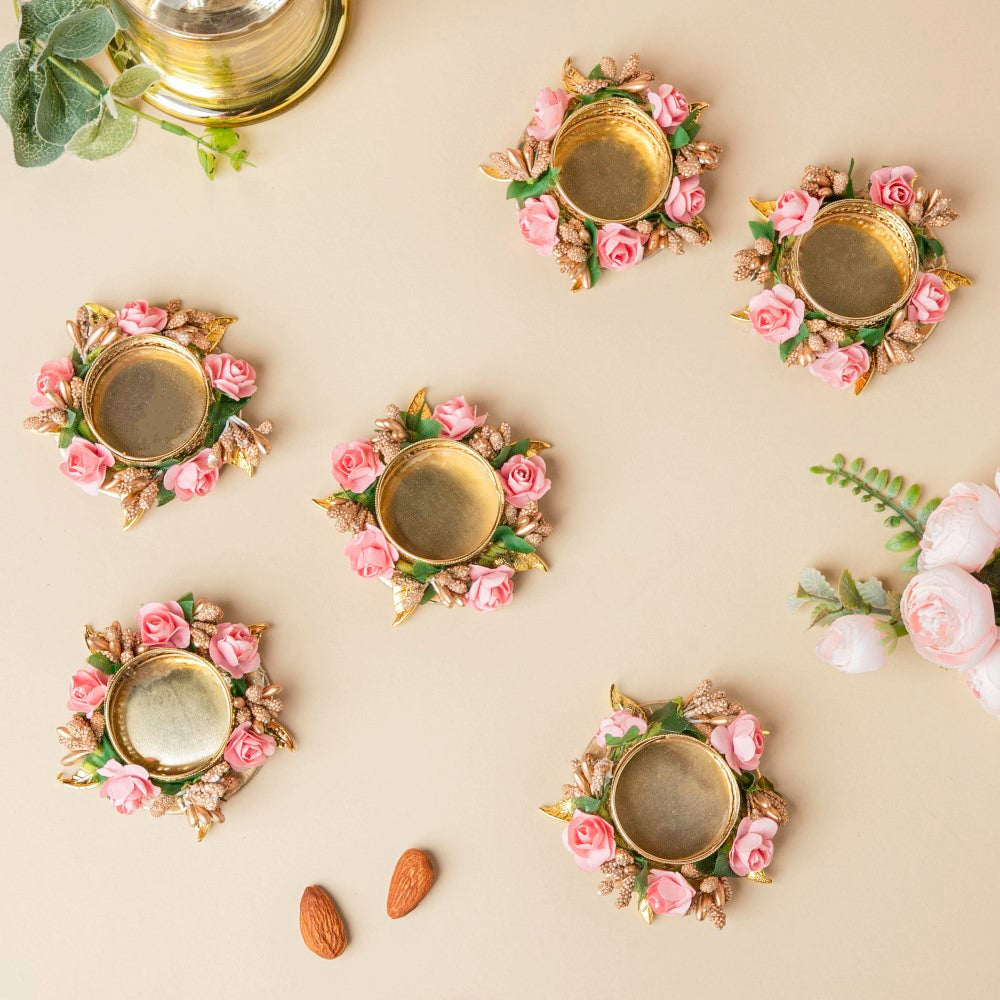 Pink Rose Tea Light Holder Set Of 6