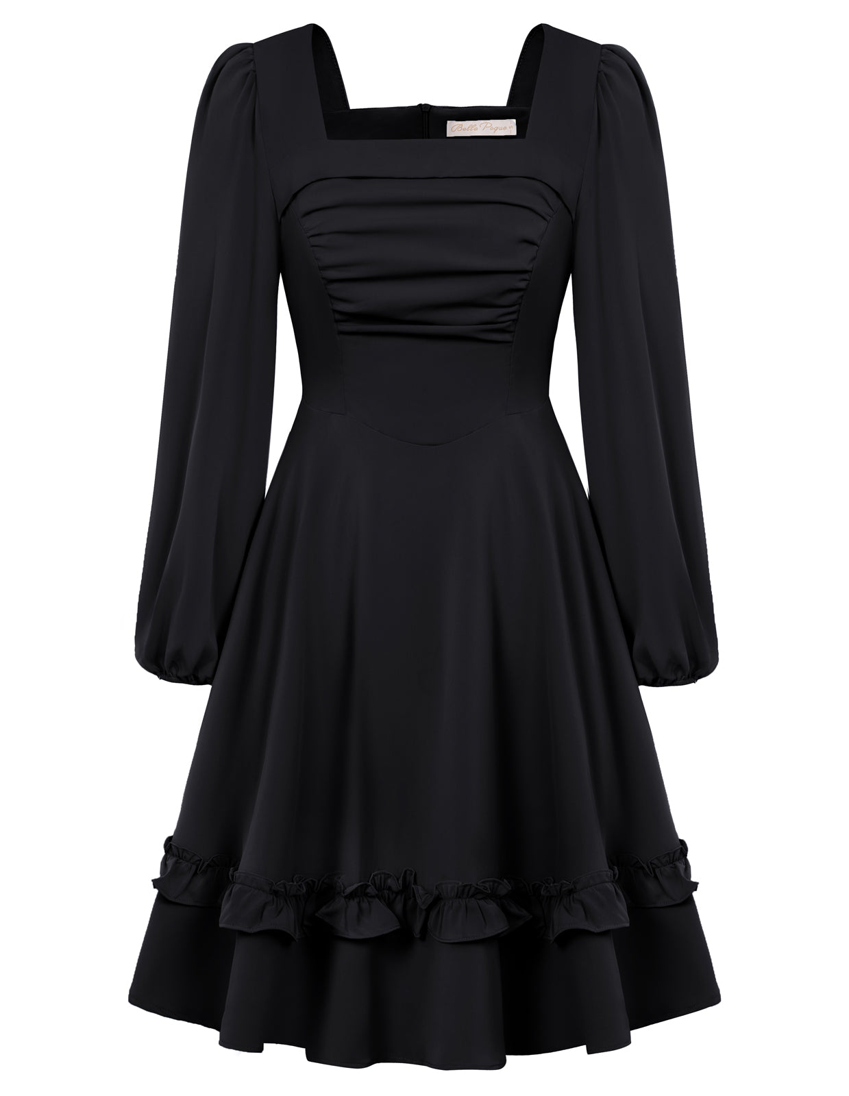 Square Neck Dress Long Sleeve Above Knee A-Line Dress