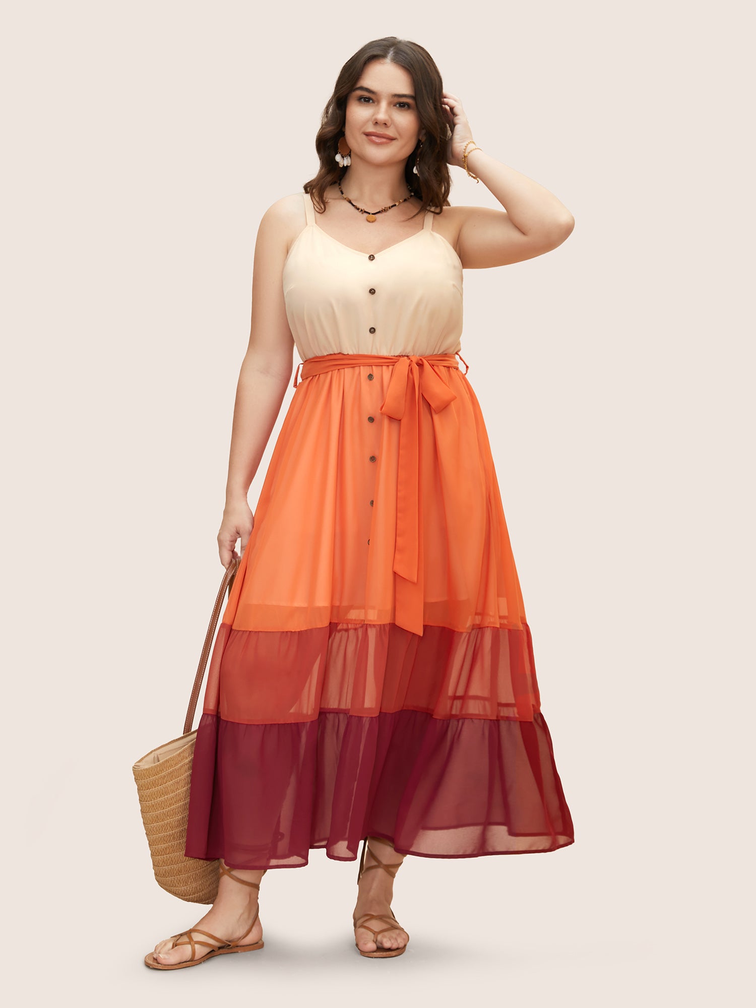 Colorblock Contrast Button Detail Slit Front Dress