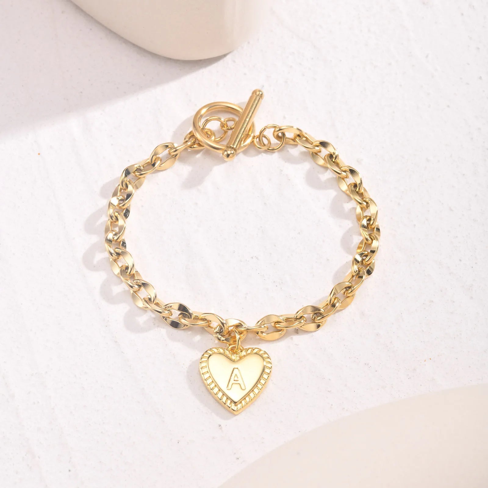 14k Dainty Heart Engraved Letter Initial Bracelet