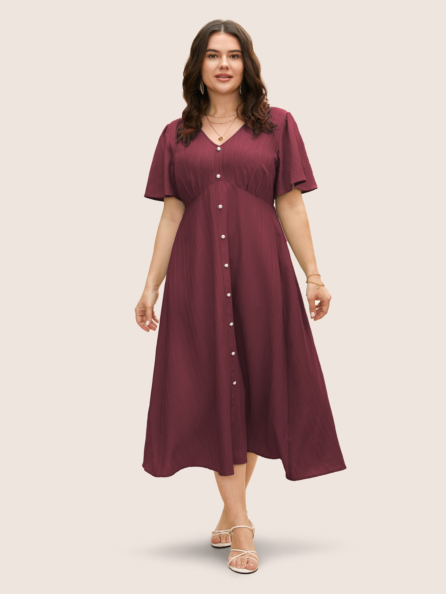 V Neck Button Detail Flutter Sleeve Dress