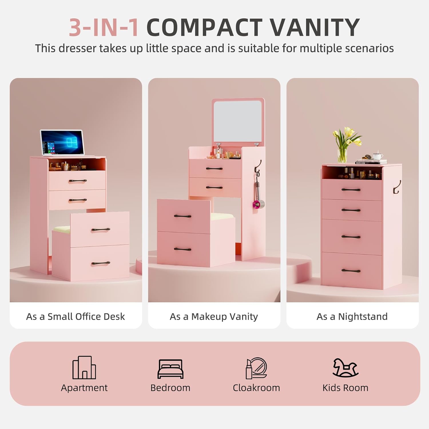 3 in 1 Vanity Desk with Flip Top Mirror for Bedroom