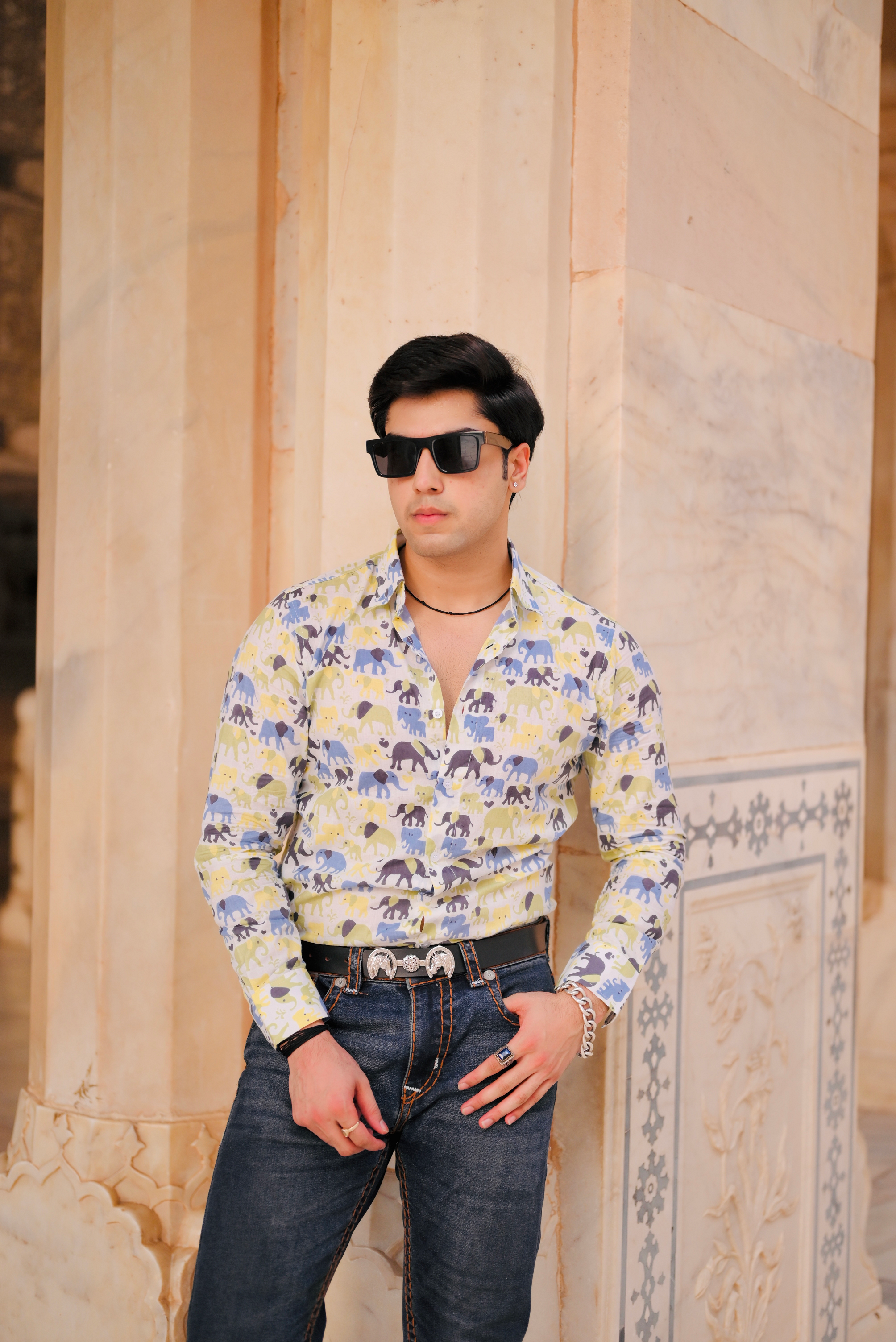 Sanganeri Elephant Printed Antique White Shirt