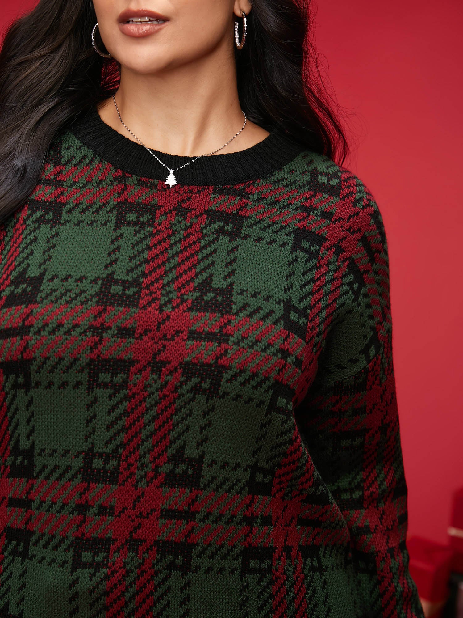 Jacquard Plaid Contrast Hemline Pullover