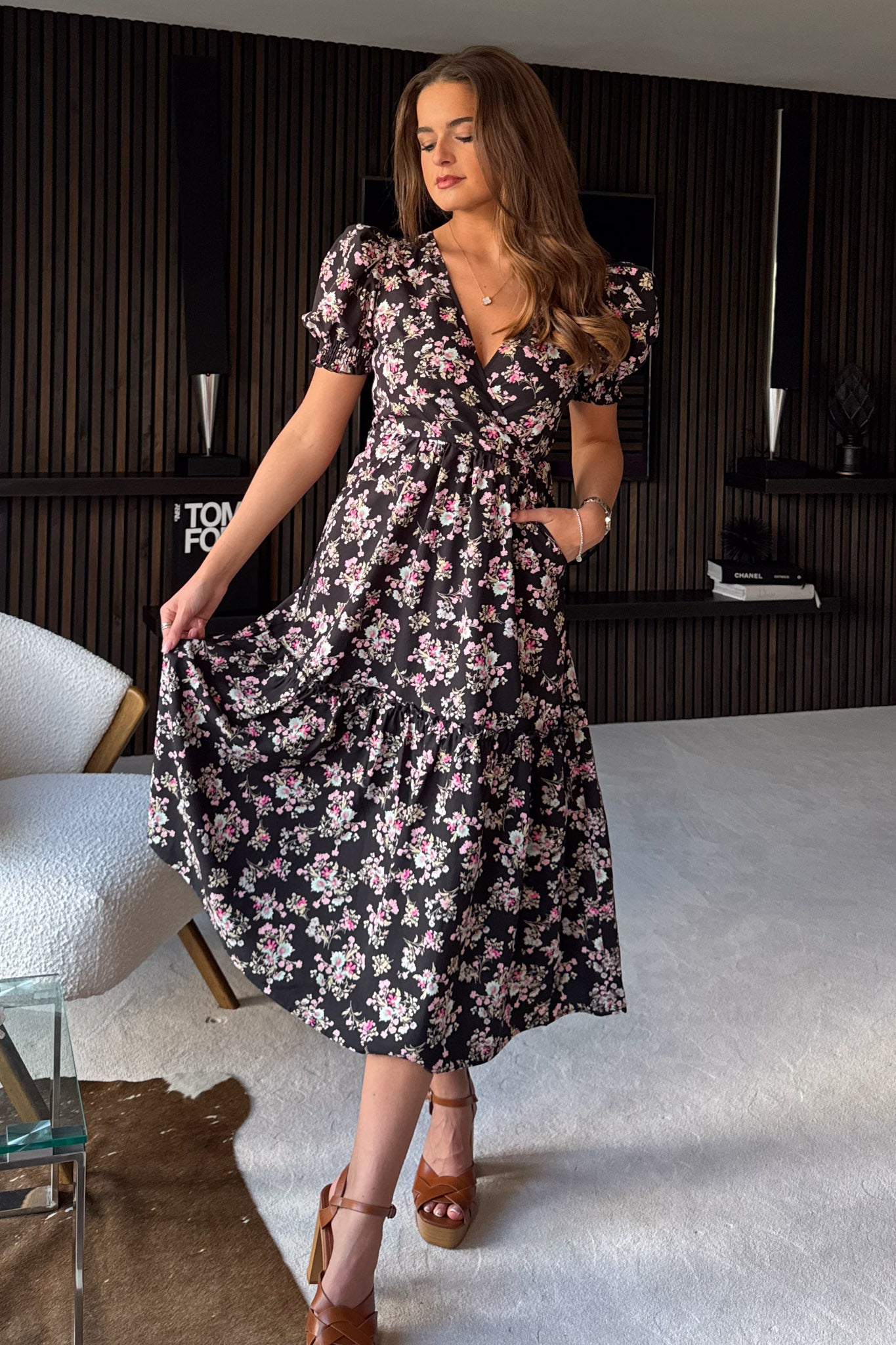 Maya Wrap Tierred Midi Dress Black Floral