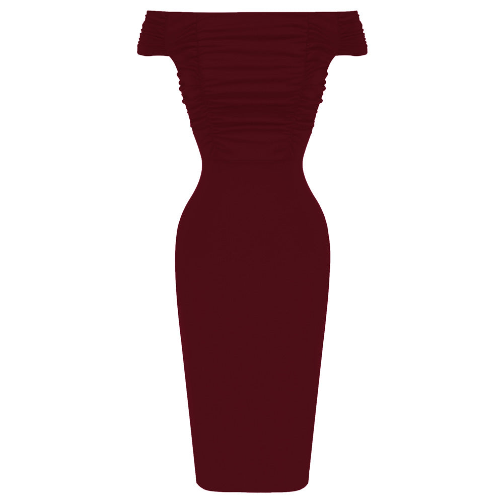 Ruched Bodycon Dress Off Shoulder Straight Neck Pencil Dress