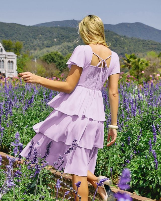 Square Neck Tiered Ruffle Dress 2023 Summer Vintage  A-line Swing Midi Dress