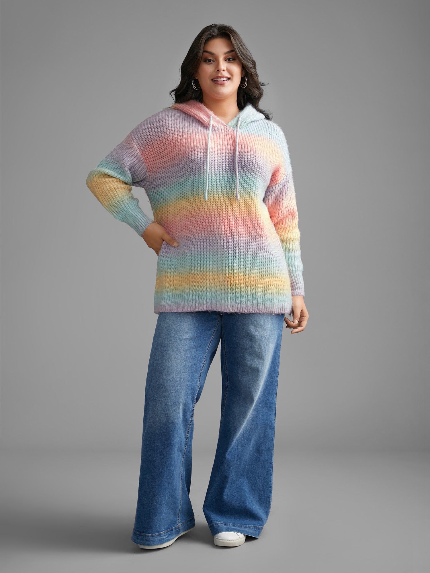 Ombre Contrast Hooded Drop Shoulder Pullover