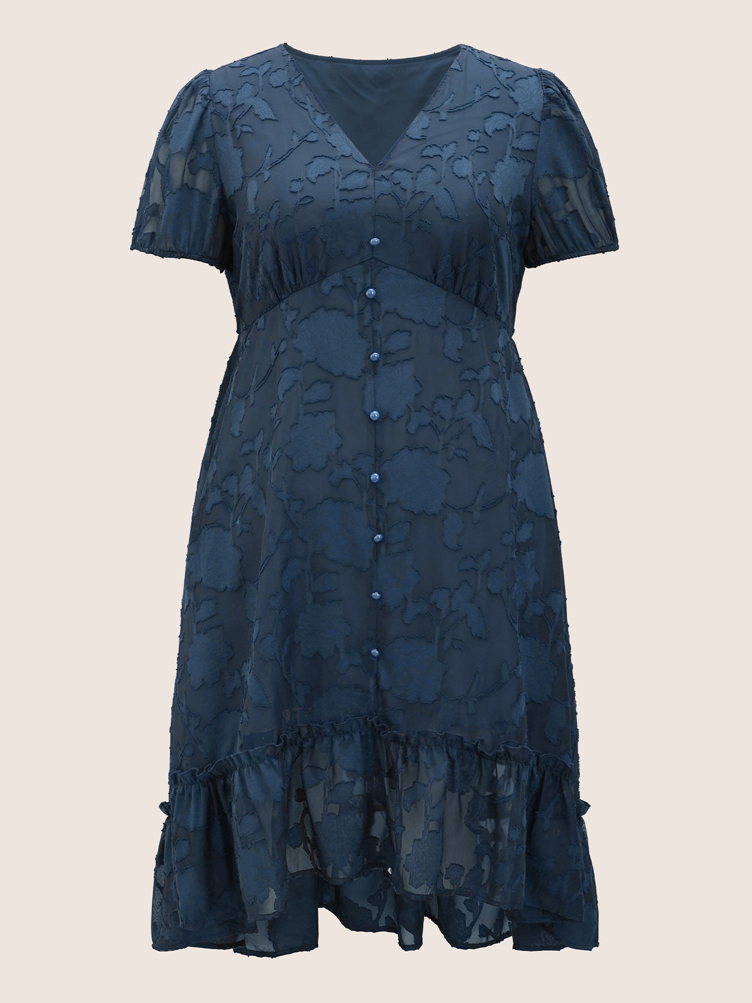 Textured Mesh Puff Sleeve Button Detail Dress