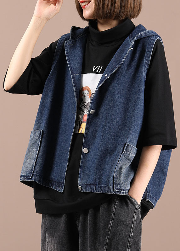 Fitted Blue Hooded Pockets Print Fall Tops Waistcoat