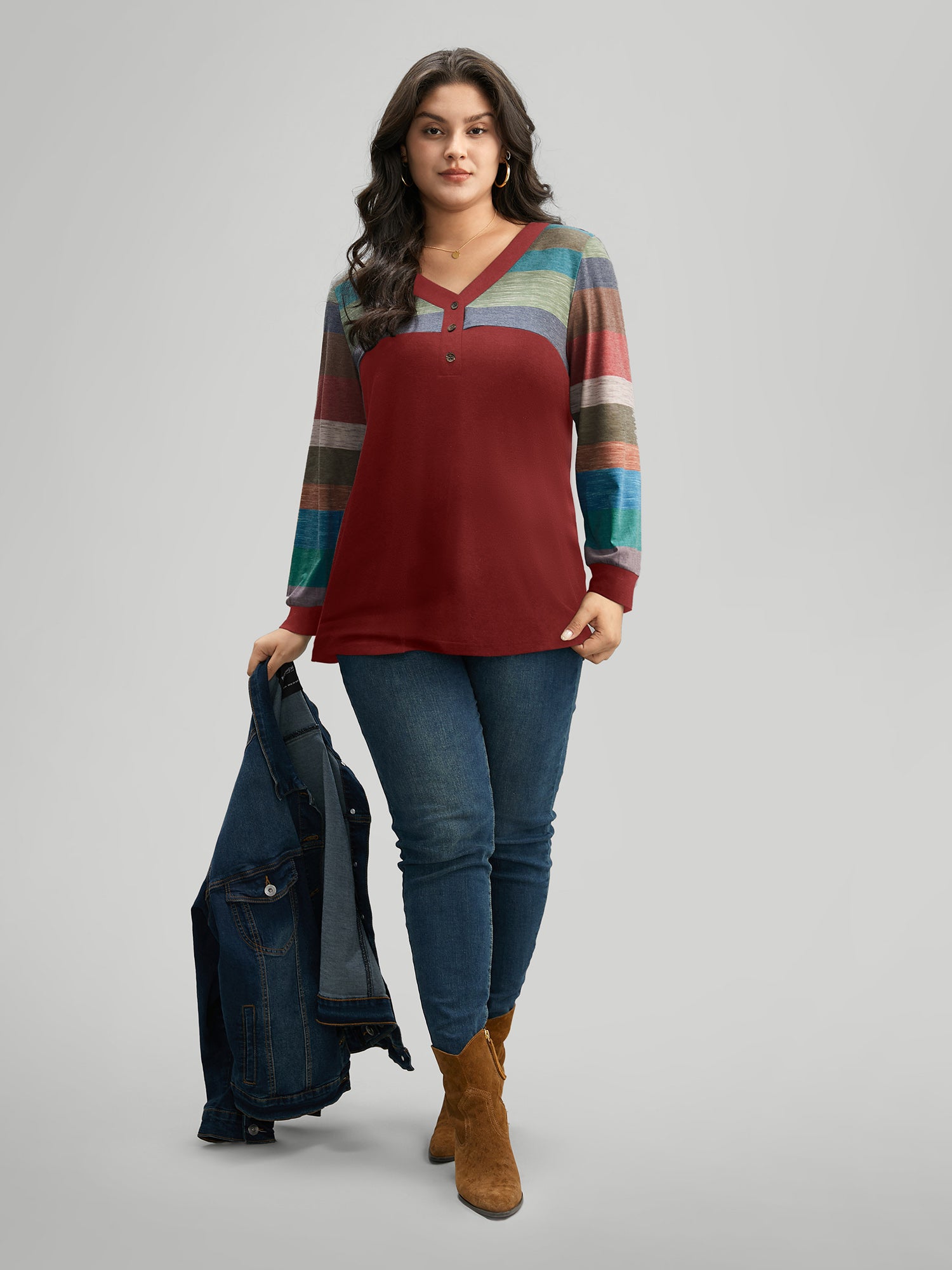 Colorblock Contrast V Neck Button Up T-shirt