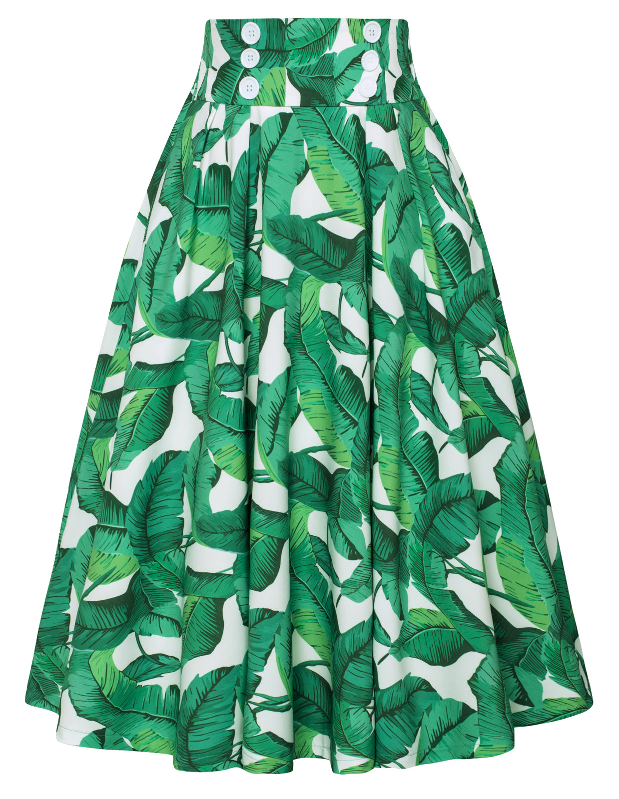 Leaf Patterns Pleated Buttons Decorated Elastic Waist High Waist Swing A-Line Skirt with Pockets