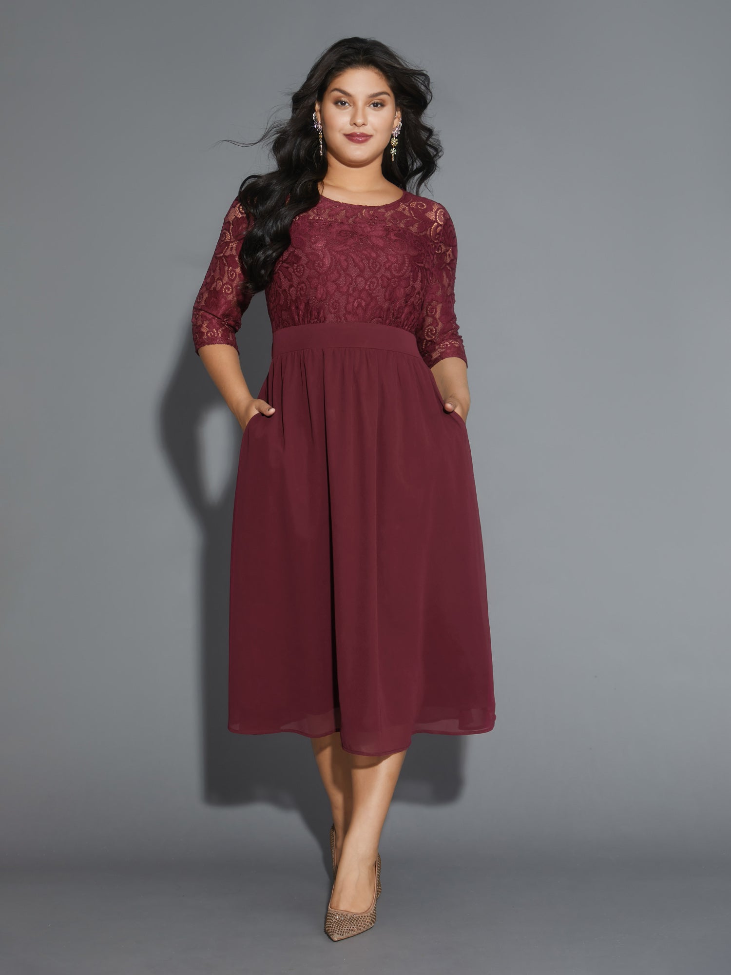 Lace Patchwork Shirred Midi Pocket Dress