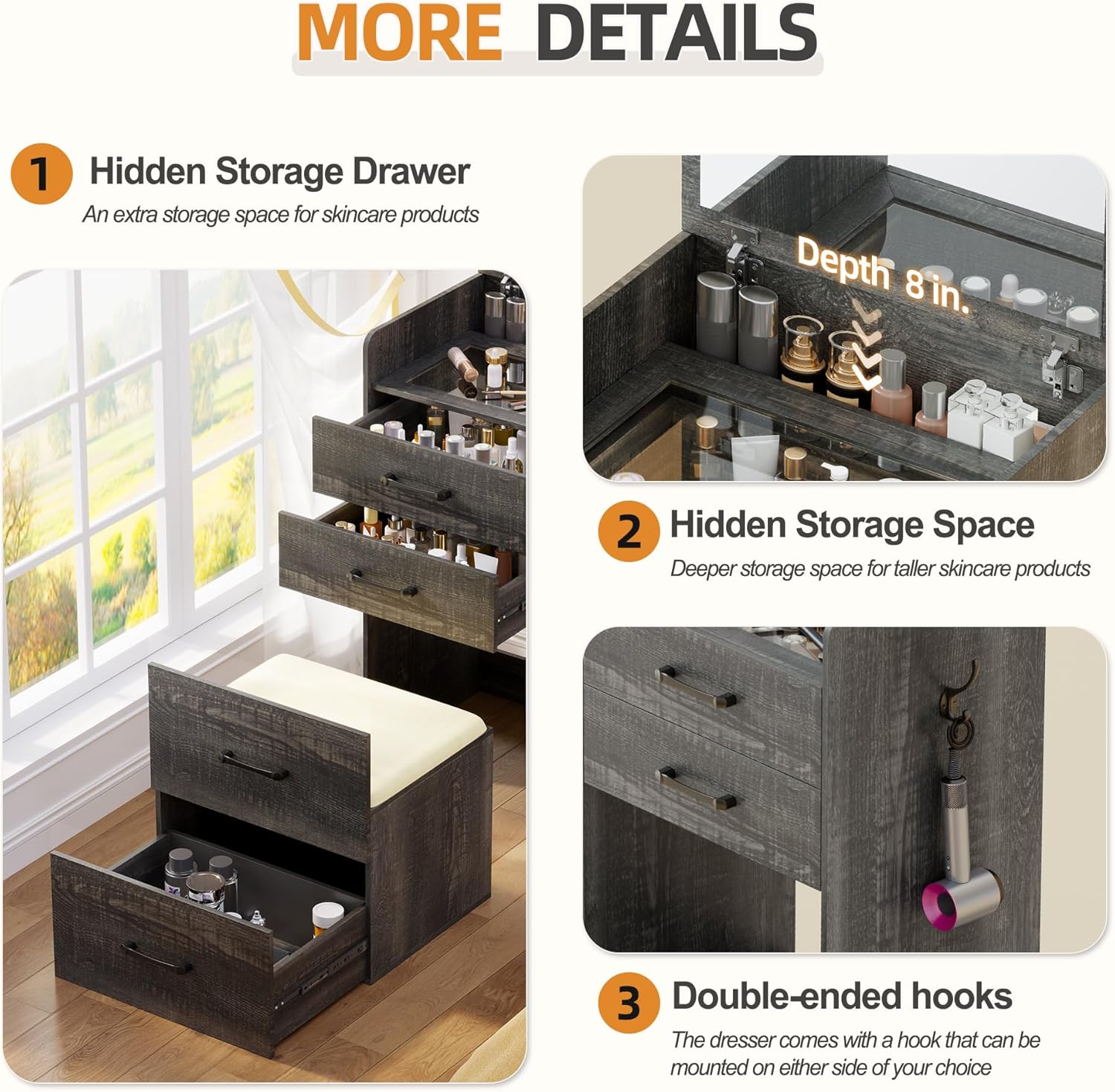 3 in 1 Vanity Desk with Flip Top Mirror for Bedroom