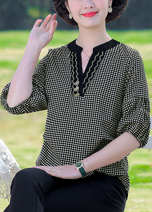 Coffee Plaid Patchwork Cotton T Shirt V Neck Summer