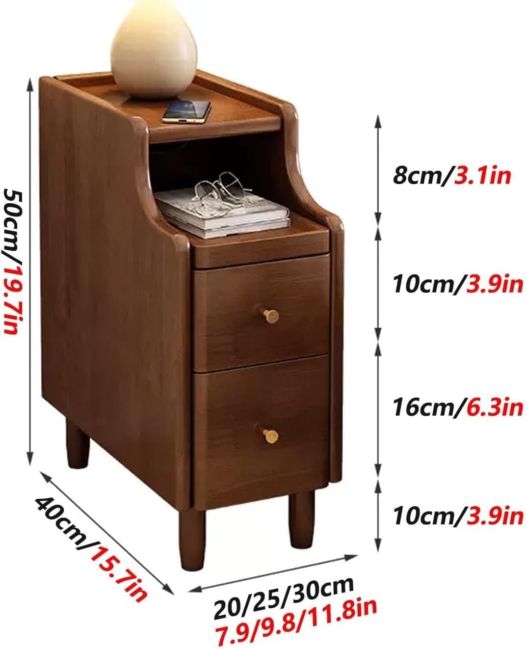 Small Nightstand Wooden Narrow Side Table，Narrow Bed End Table with 2 Drawers