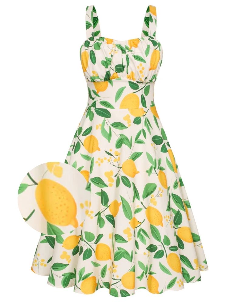 Vintage Fruit Patterns Two-Way Defined Waist Dress Ruched Bodice Flared A-Line Dress