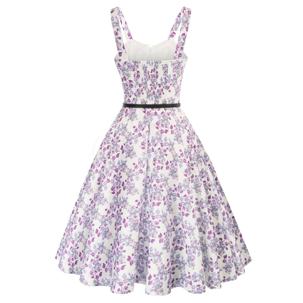 Floral Print Sweetheart Neck Flared A-Line Dress with Belt
