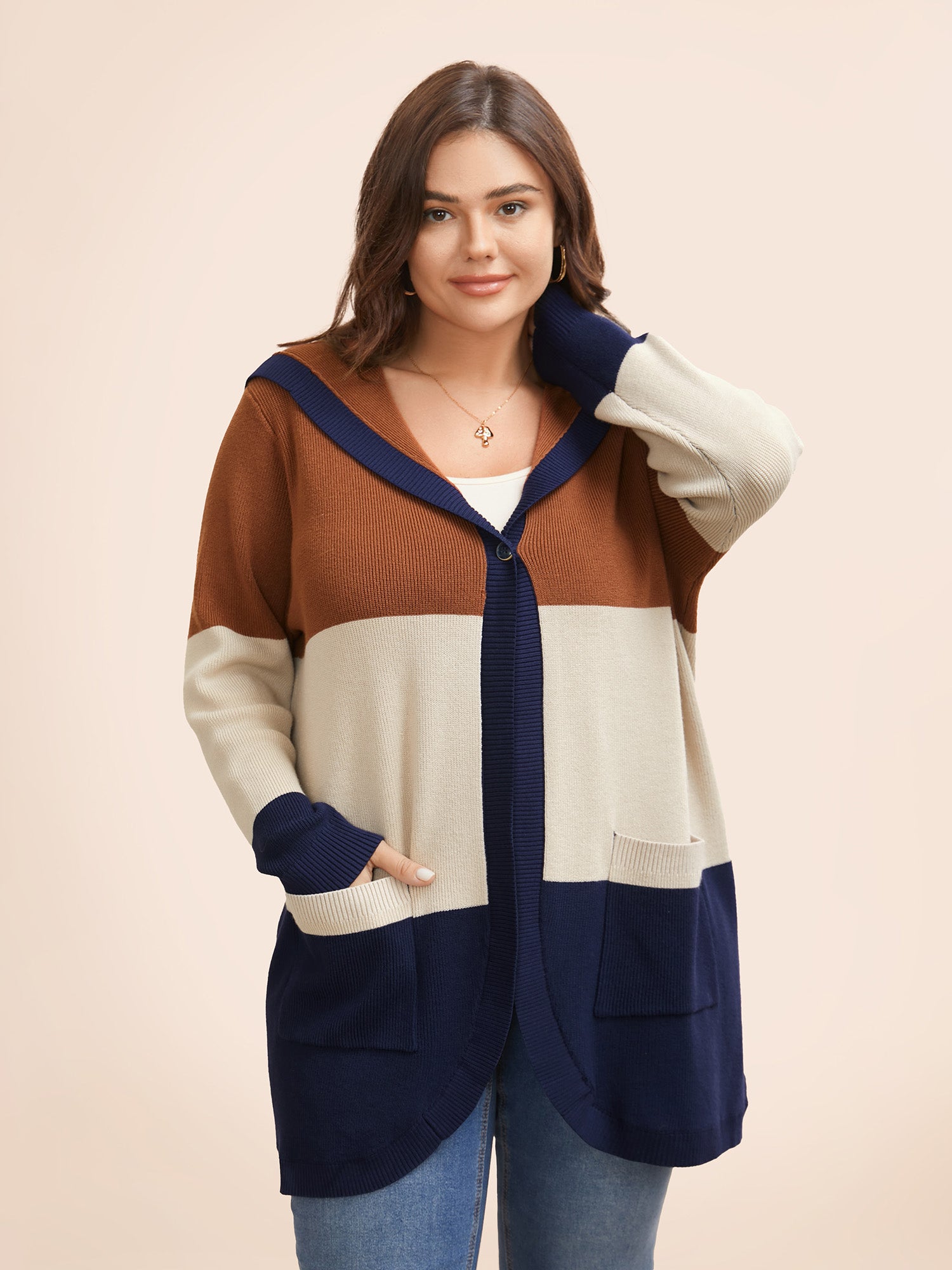 Colorblock Contrast Patched Pocket Hooded Cardigan