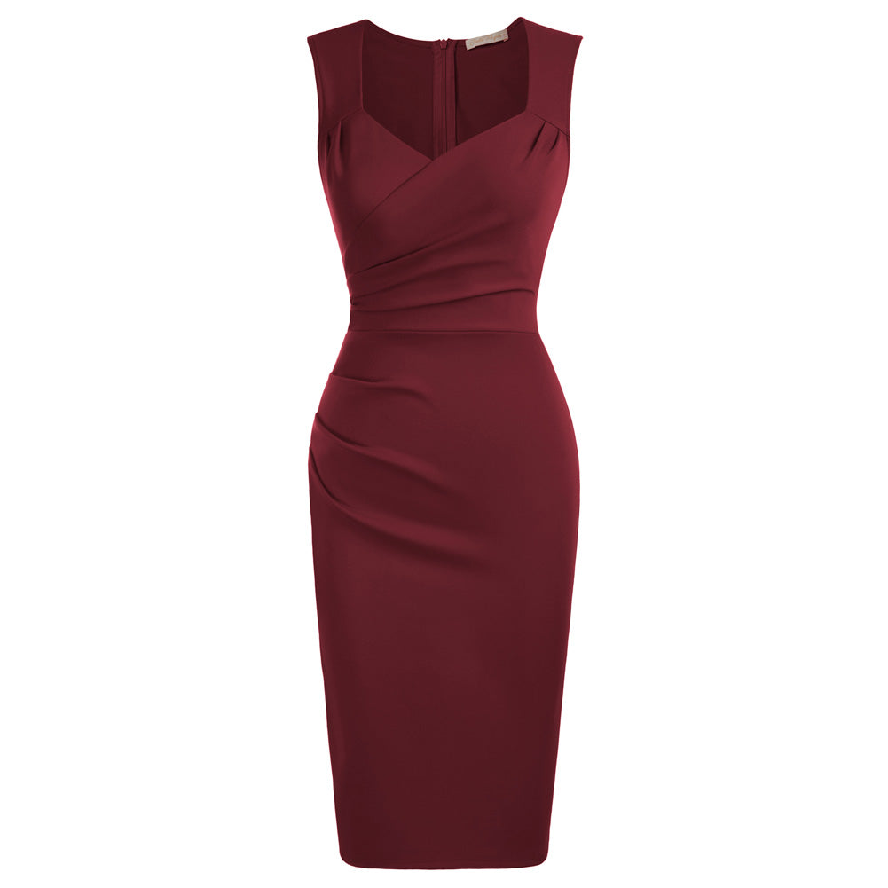 Vintage Ruched Bodycon Dress Sleeveless Surplice V-Neck Pencil Dress
