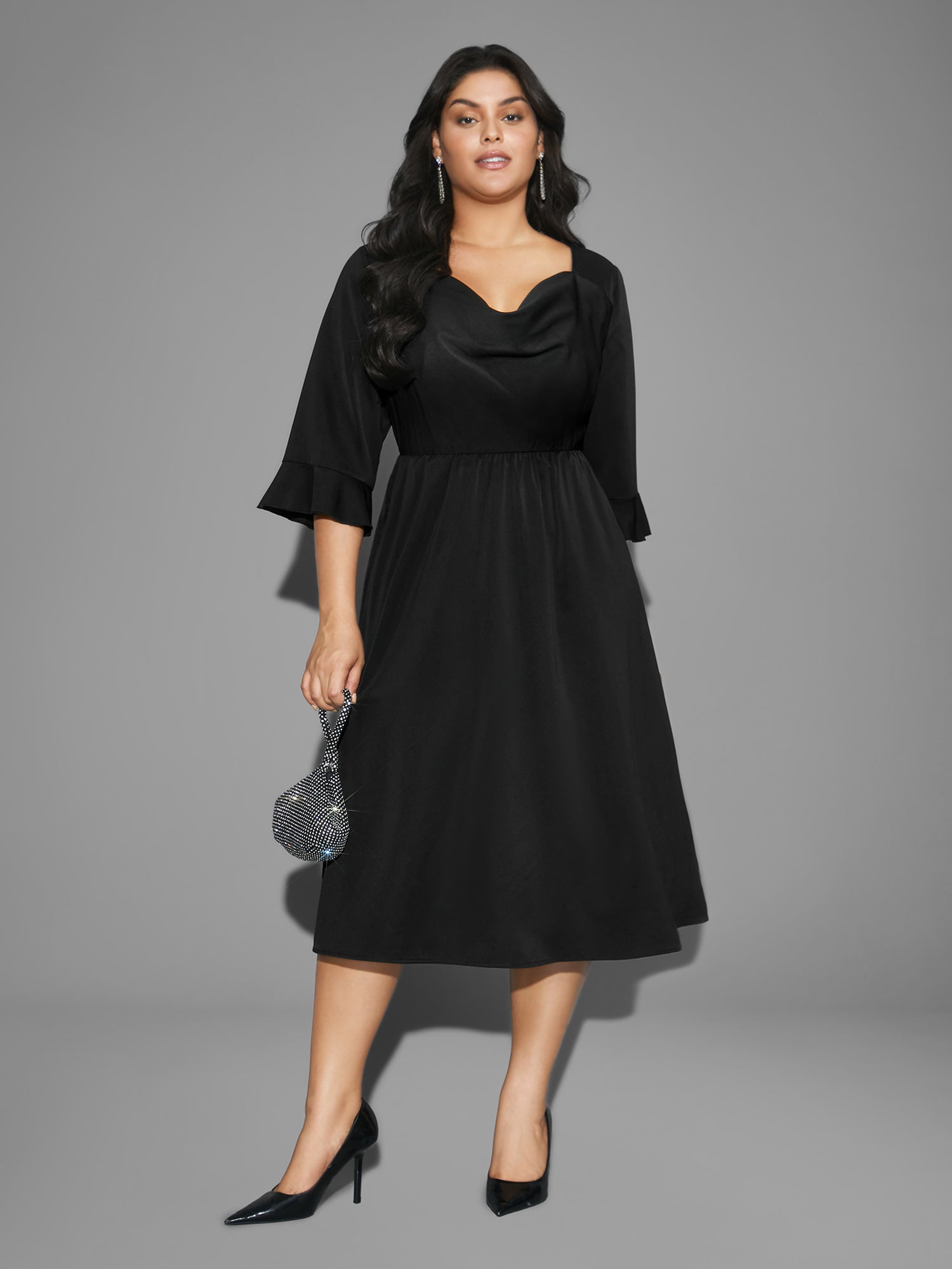 Cowl Neck Ruffle Sleeve Midi Dress