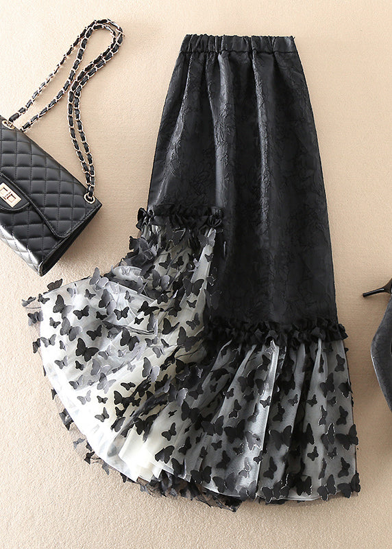 Black Jacquard Patchwork Bow Tulle Skirts Spring