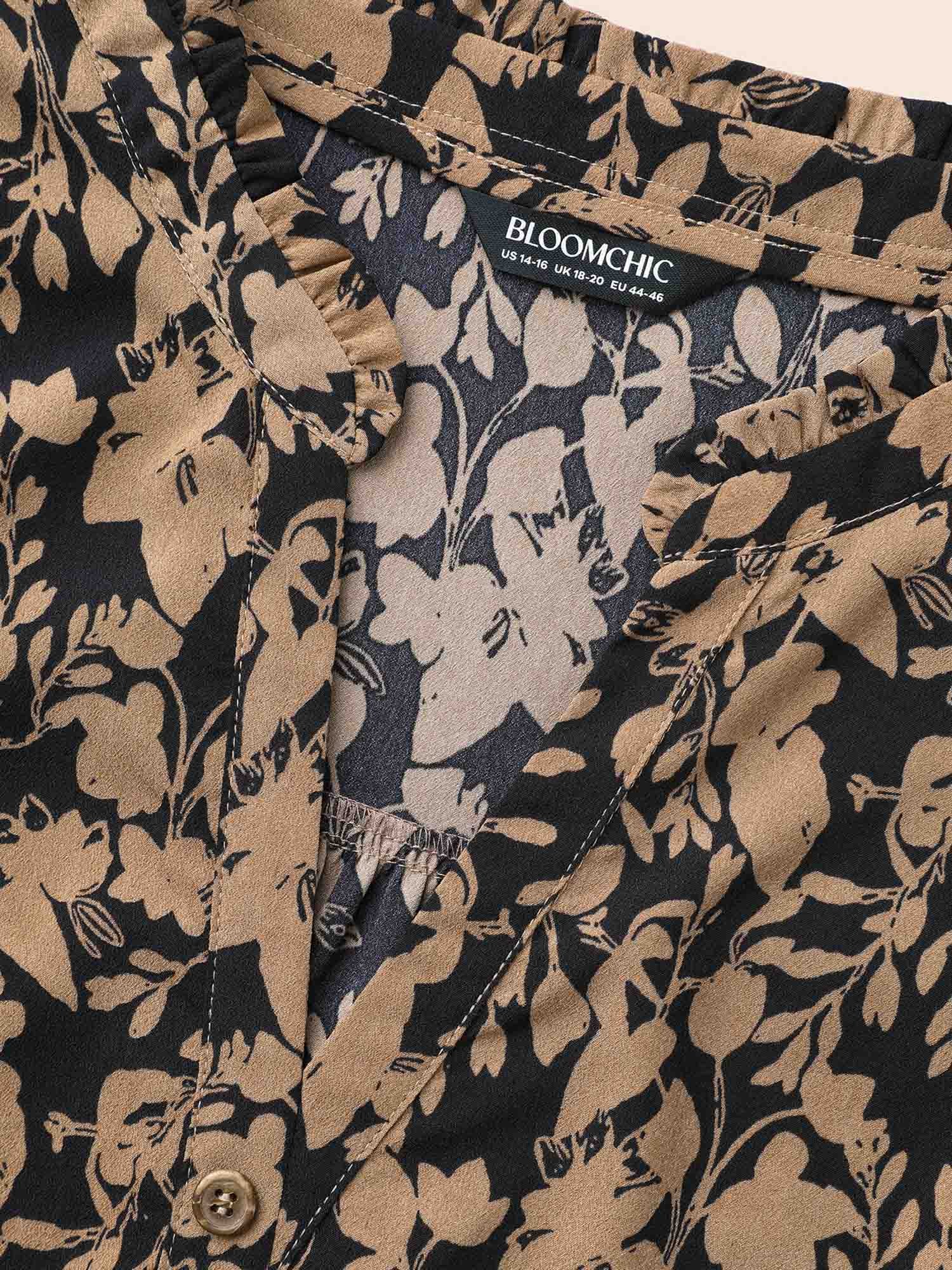 Silhouette Floral Print Notched Frill Trim Blouse