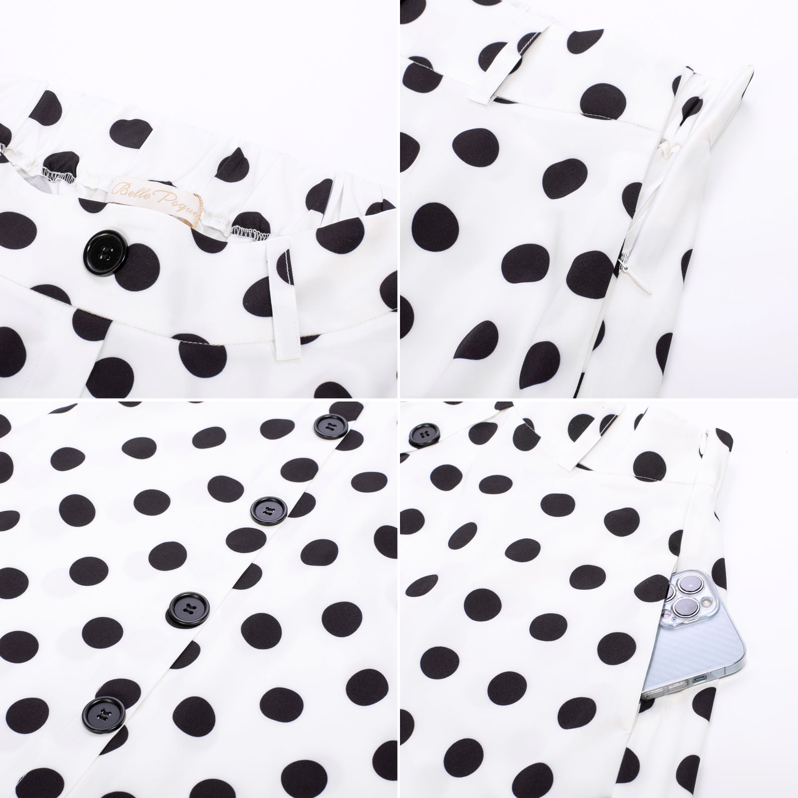 Polka Dots Swing Skirt with Belt Elastic High Waist Buttons Decorated Skirt