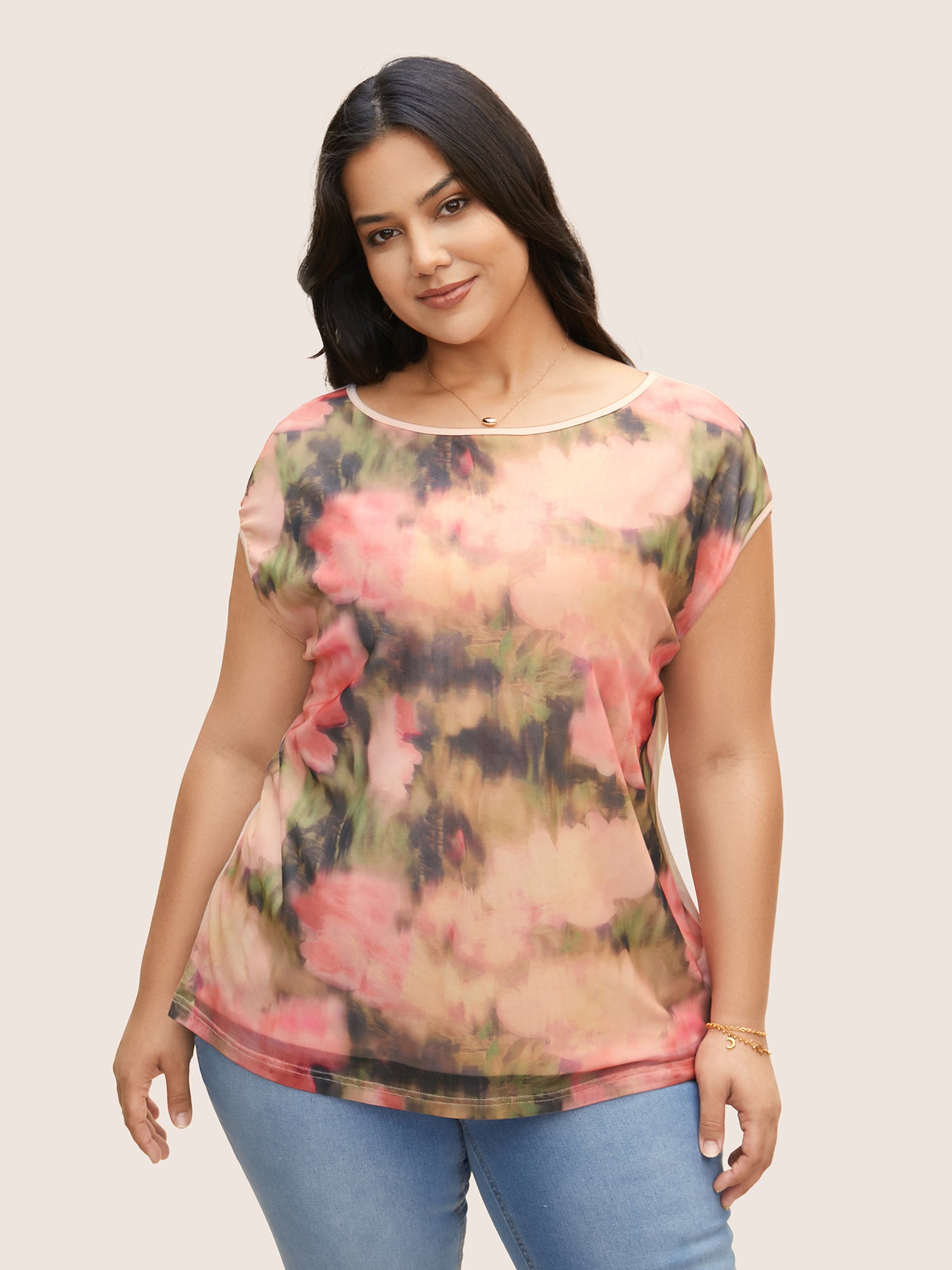Boat Neck Watercolor Floral Cap Sleeve T-shirt