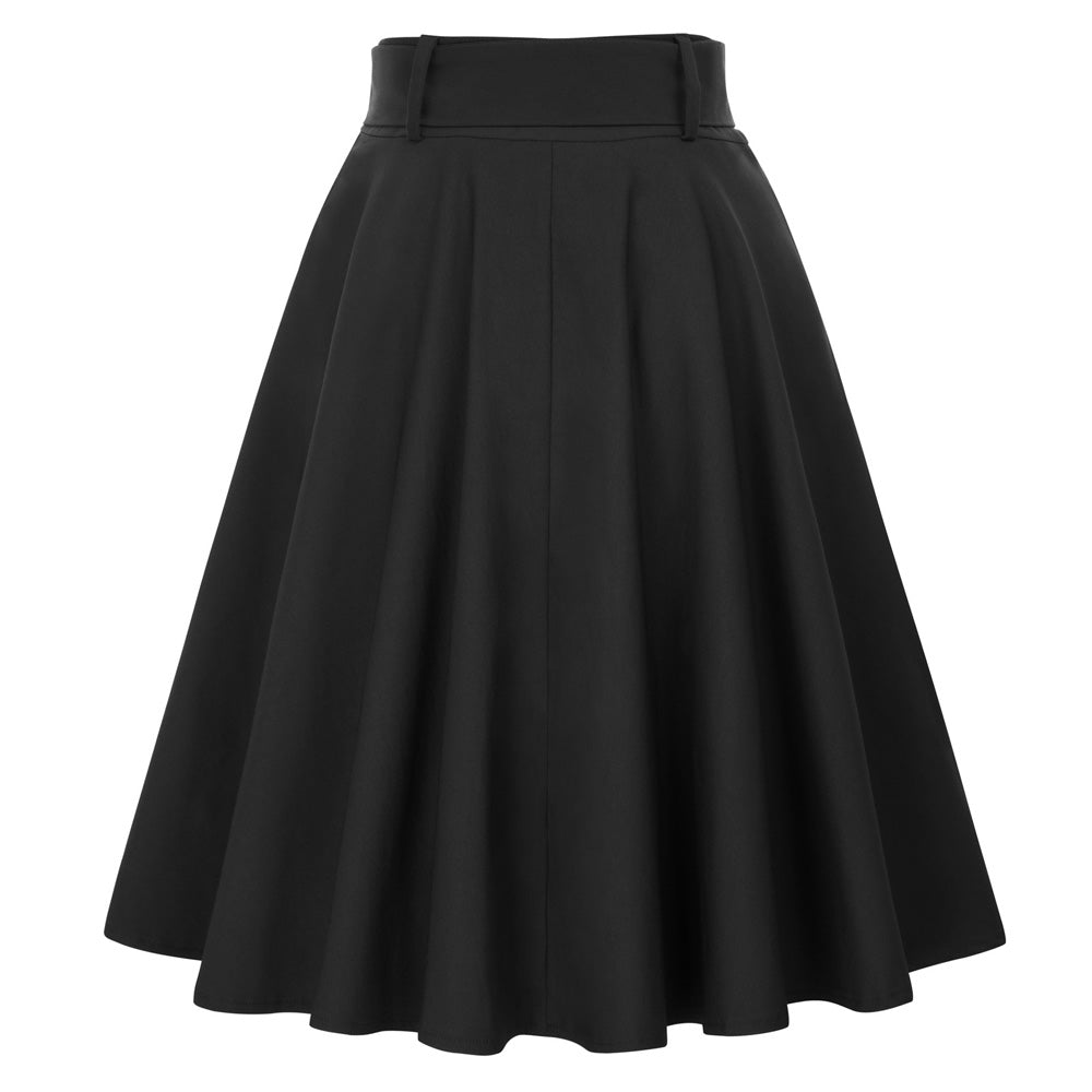 Fans Look of Solid Color Buttons Decorated Flared A-Line Skirt With Belt & Pockets