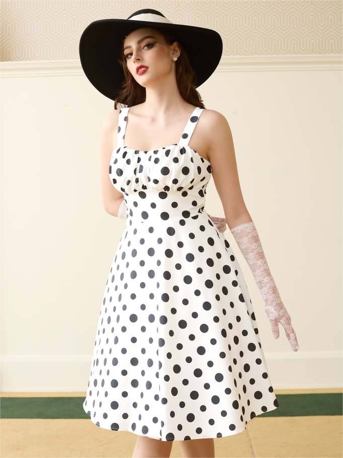 Vintage Polka Dots Two-Way Defined Waist Dress Ruched Bodice Flared A-Line Dress
