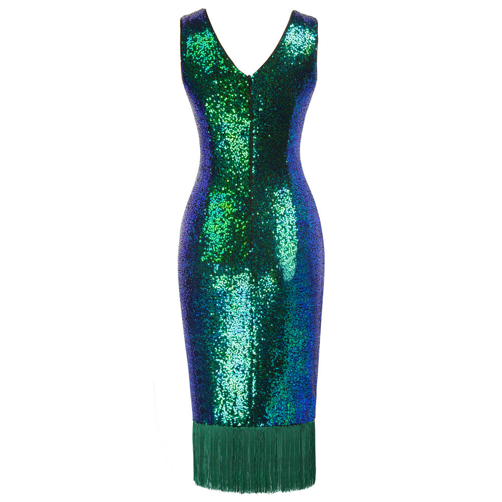 Vintage Sequined Sleeveless V-Neck Tassel Decorated Wrap Hem Party Dress