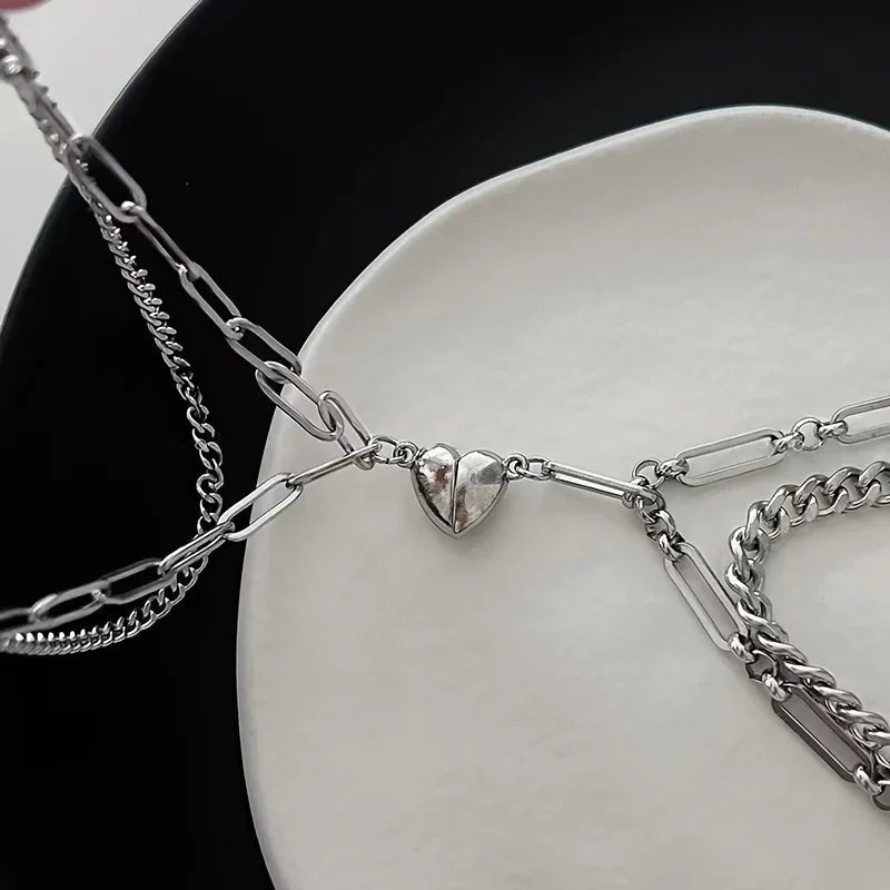 Couples Magnetic Heart Cuban & Paperclip Chain Bracelet Set