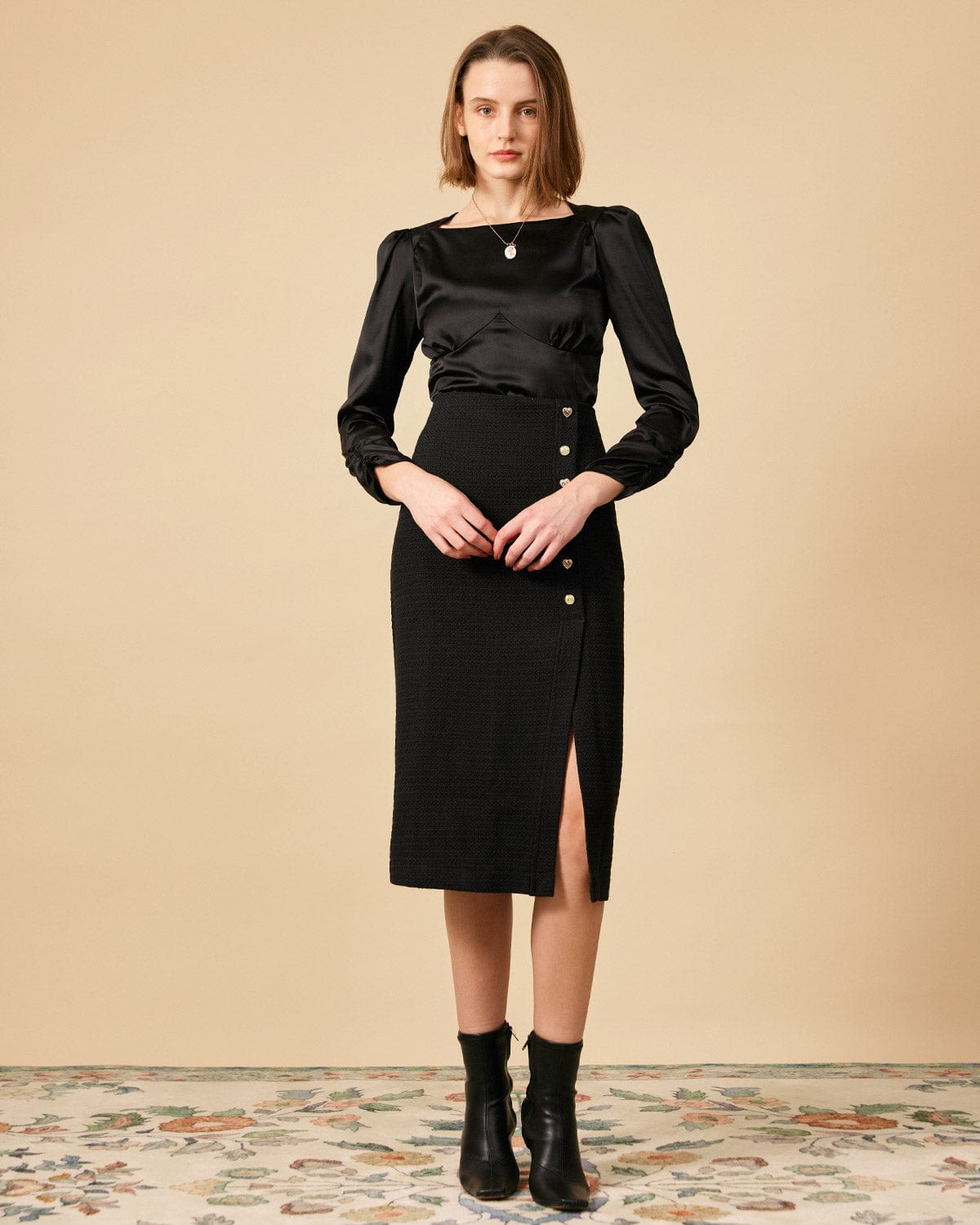 The Solid Puff Sleeve Tie-back Satin Blouse