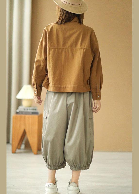 Plus Size Brown Peter Pan Collar Pockets Button Fall Coats Long Sleeve