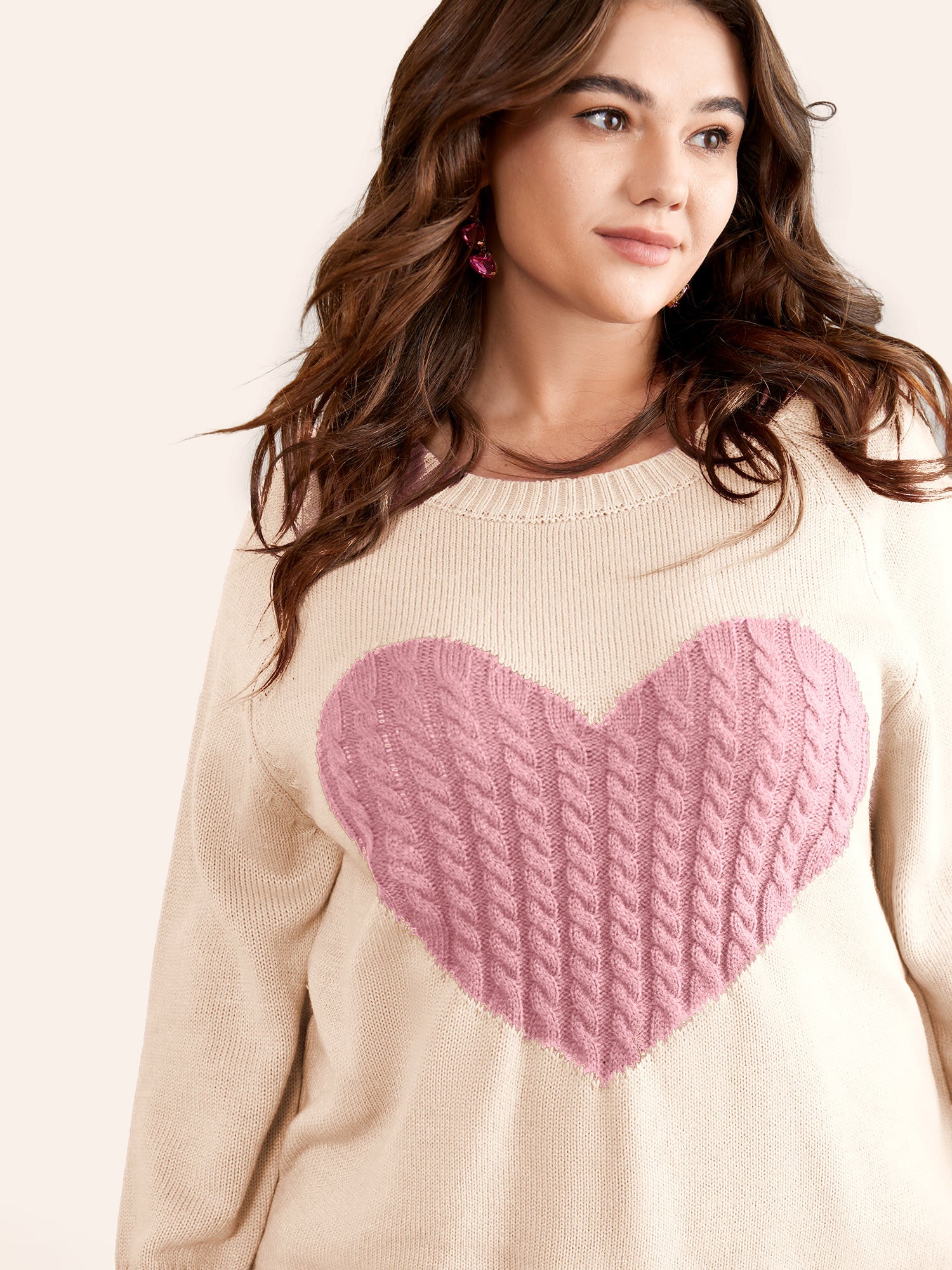 Heart Cable Knit Two Tone Raglan Sleeve Pullover