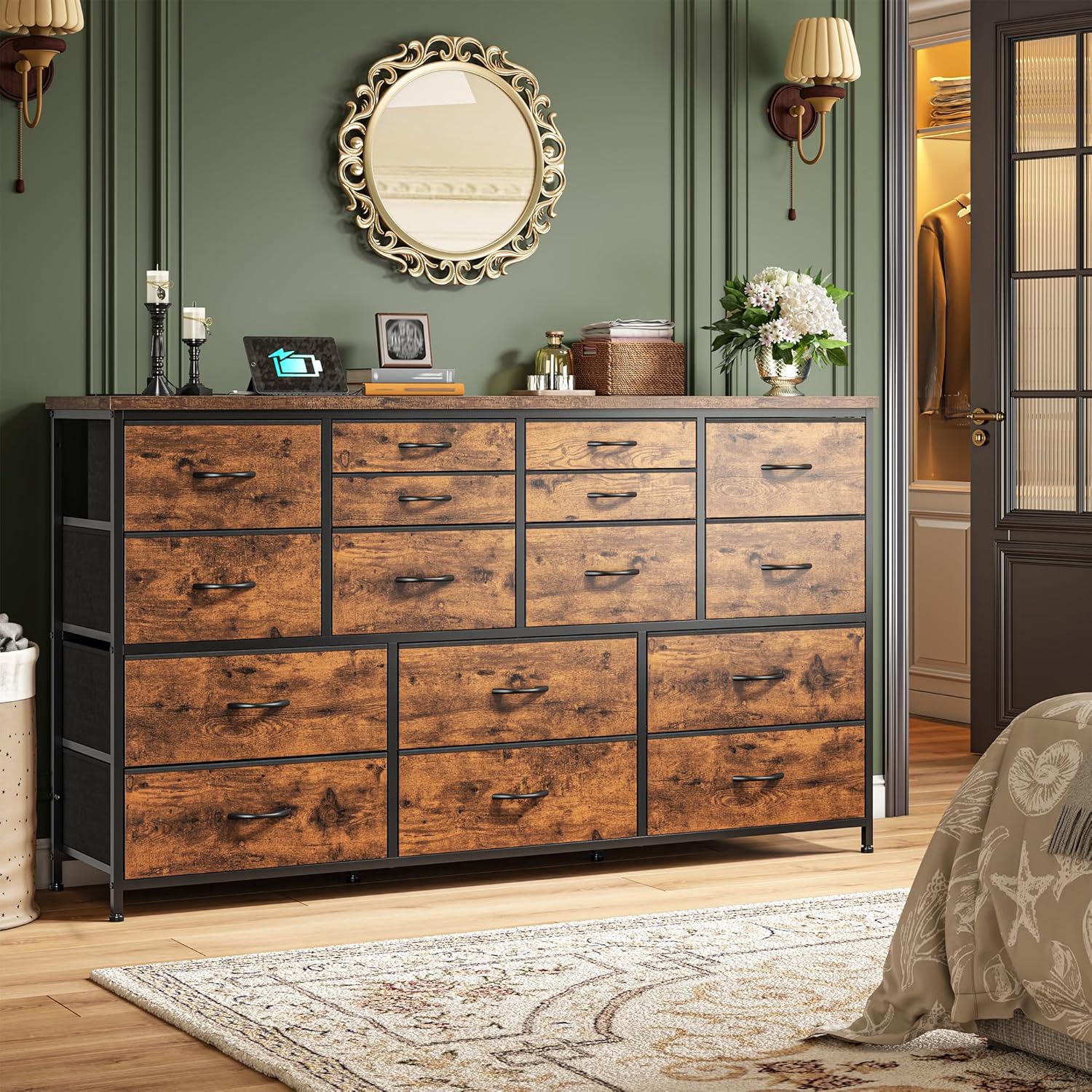 Dresser for Bedroom with 16 Fabric Drawers Long Dresser with Charging Station TV Stand for 60