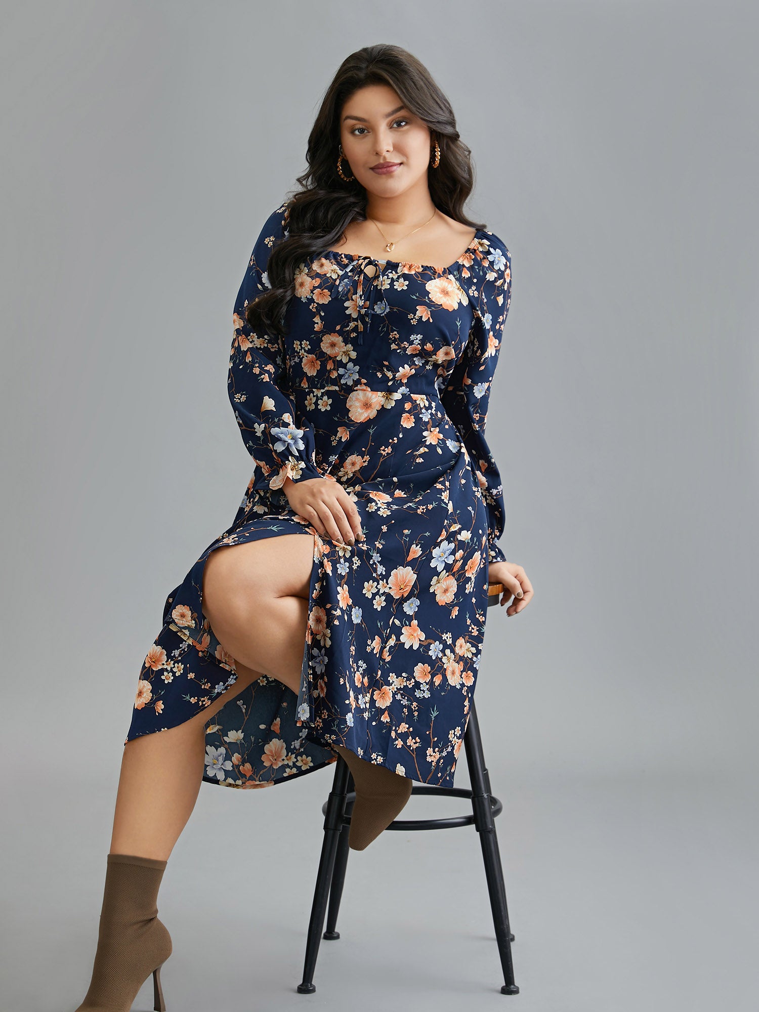 Floral Knot Neck Split Hem Dress