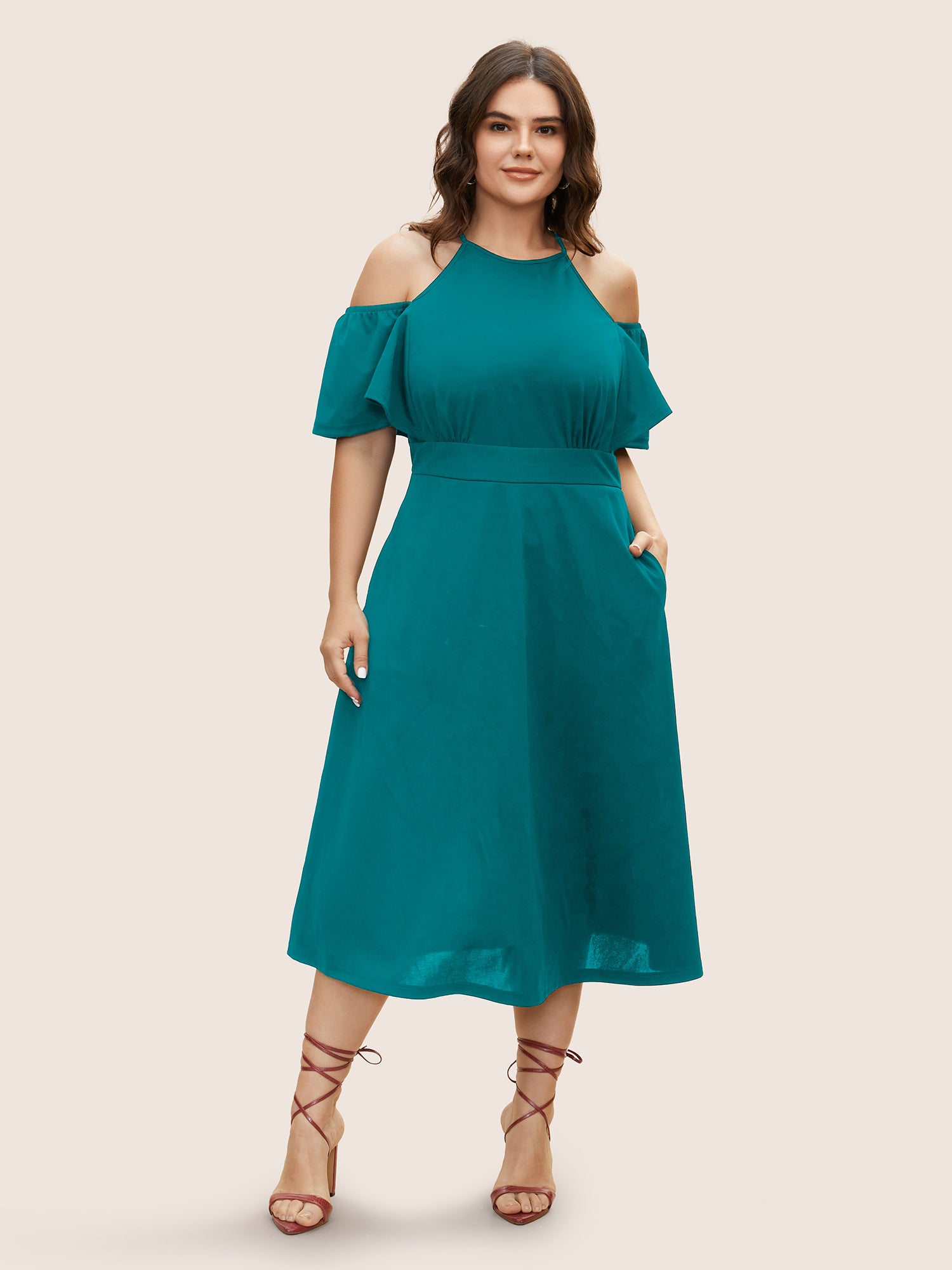 Cold Shoulder Flutter Sleeve Midi Dress